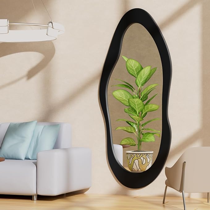 55" x 24" Irregular Wavy Full Length Mirror - Wall Mounted Wooden Framed Mirror for Bedroom/Living Room