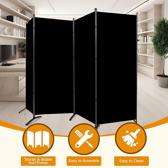 4 Panel Folding Privacy Screens, 6 FT Tall Wall Divider with Metal Frame, Freestanding Room Divider for Office Bedroom Study (4 Panel, Black)