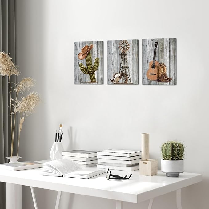 KLVOS 3 Pcs Cowboy Wall Art Vintage Western Canvas Print Cactus Windmill Cowboy Boots and Hat Painting on Wooden Background Picture Farmhouse Decor Framed