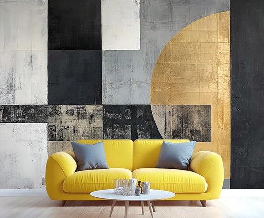 Nordic Light Luxury Wall Mural Bedroom - 79" x 79" Mural, Black Grey Gold Geometric Wallpaper for Living Room, Modern 3D Wall Murals, Geometric Murals Wallpaper (Not Peel and Stick)
