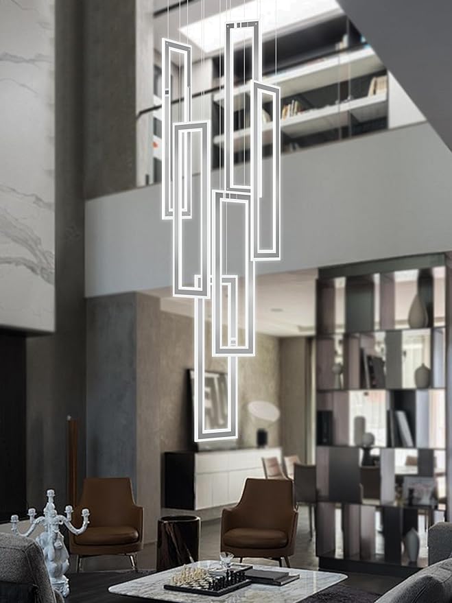 Modern Chandelier, Rectangle Chandeliers with 6 Ring Led Foyer Chandeliers,Larger High Ceiling Chandelier for Living Room,Entryway Staircase LED Dimming 2700k-6000k