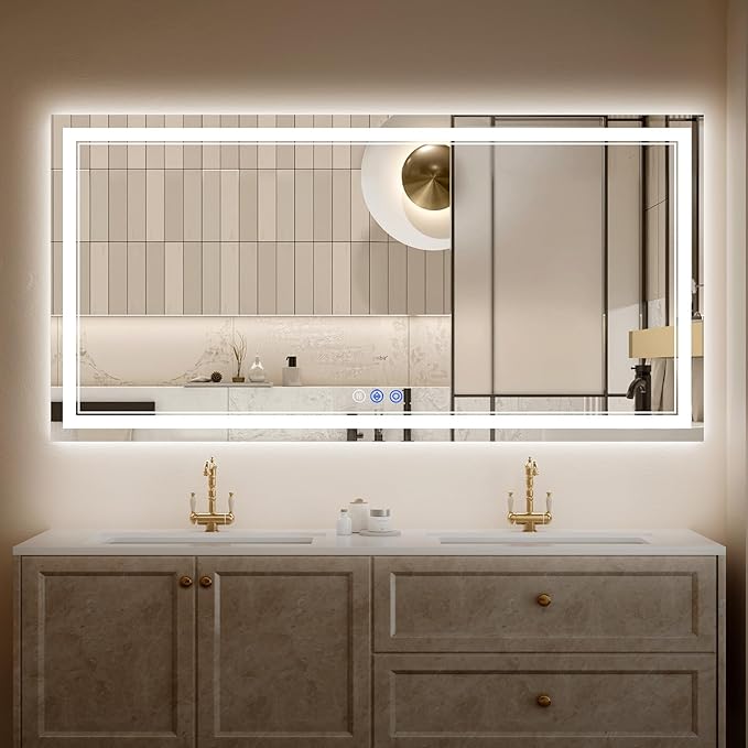36"x60" LED Bathroom Mirror with Lights, Anti-Fog, Backlit + Front Lit, Dimmable, Led Vanity Mirror for Wall, 3 Colors, Memory Function, Shatter-Proof Tempered Glass