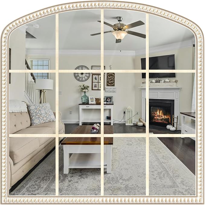 36''x36'' Wooden Wide Arched Mirrors for Wall with Window Girds, Large Farmhouse Decorative Mirror for Living Room, Entryway, Hallway, Fireplace, Bathroom