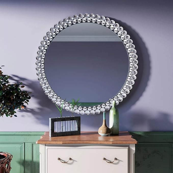 BST FURNH Round Mirror Wall Decor 24 Inches Decorative Wall Mirror with Irregular Framed and Beveled Edge Mirrors for Wall Silver Large Wall Mirror Frameless Mirrors