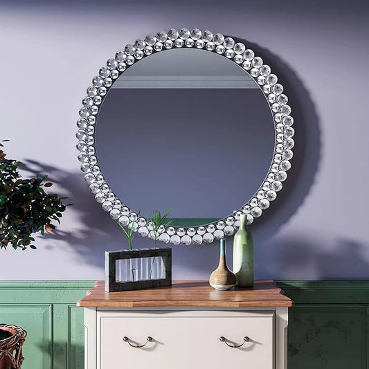 BST FURNH Round Mirror Wall Decor 24 Inches Decorative Wall Mirror with Irregular Framed and Beveled Edge Mirrors for Wall Silver Large Wall Mirror Frameless Mirrors