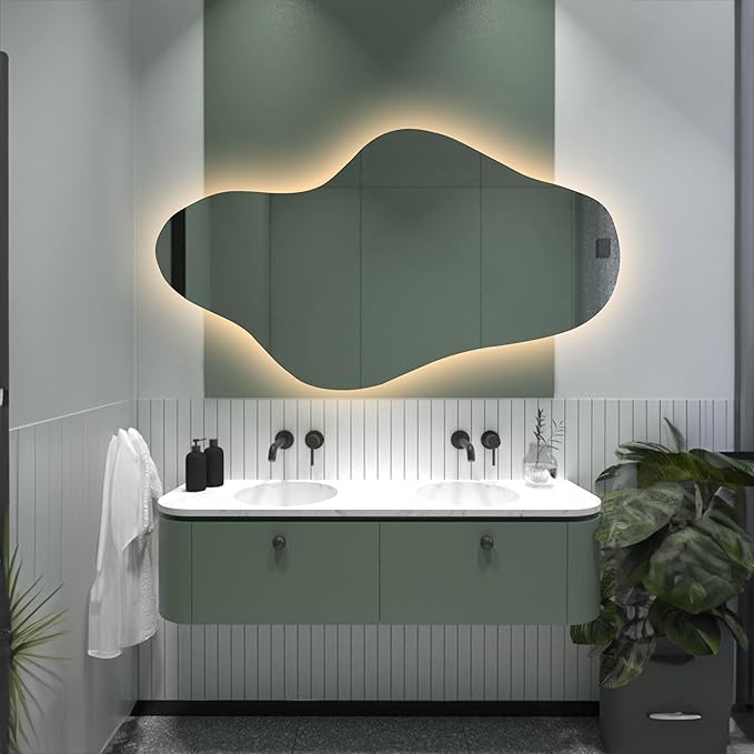 Asymmetrical Led Lighted Mirror for Bathroom, Irregular Vanity Mirror with Lights, Washbasin Backlit Led Illuminated Wall Mirror (Warm Ligth, 35"x60" inc | 89x152 cm)