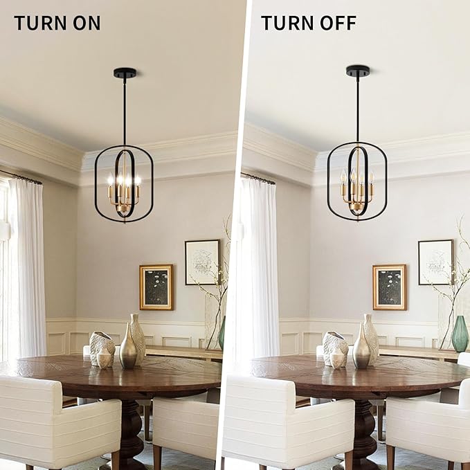 Black and Gold Chandelier Light Fixture, 4-Light Dining Room Chandelier Over Table Farmhouse Rustic Small Entryway Chandeliers Island Pendant Lights for Kitchen Entryway Foyer Living Room