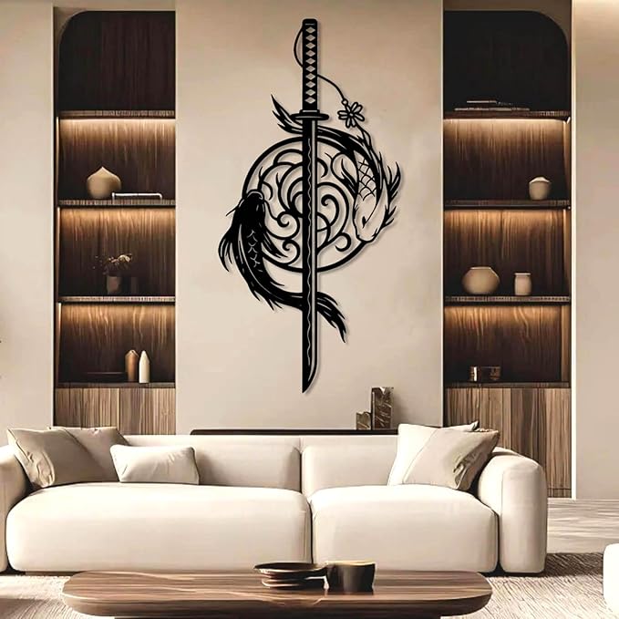 Metal Koi Fish Katana Wall Decor, Koi Fish Metal Wall Decor, Japanese Katana Wall Art, Fishes Decoration, Feng Shui Wall Art, Sword Wall Hanging, Living Room Wall Hanging (Black, 53"x26"/135x66cm)