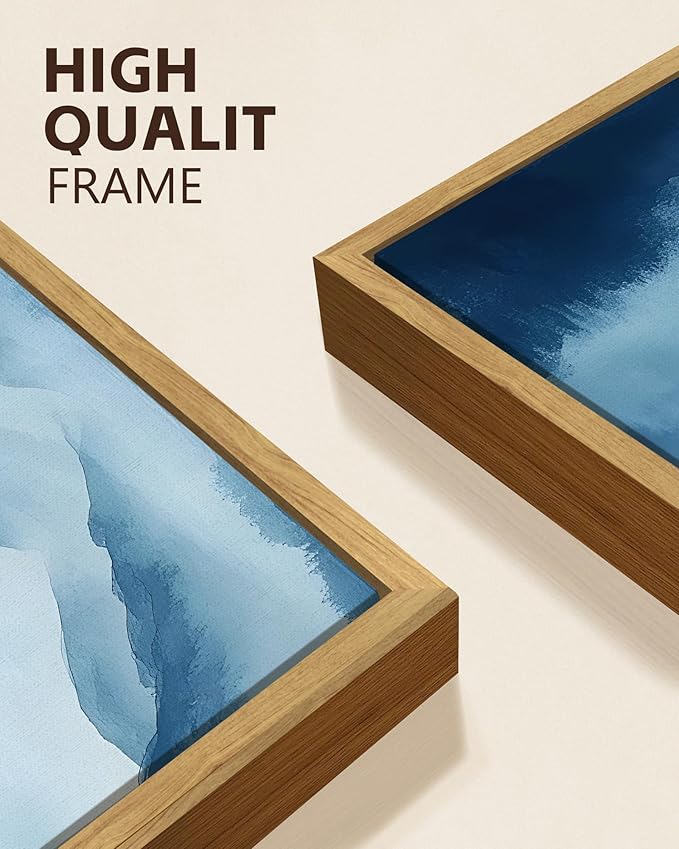 KUVIOKE Blue Watercolor Mountains in Fog Framed Wall Art Wilderness Nature Landscape Painting Rustic Scenic Relax Cool Home Decor 12x16in (Natural Framed)