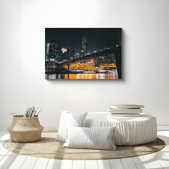 NAN Wind 1PCS Chongqing City Nightscape Canvas Wall Art Illuminated Chinese Skyline with Bridge Skyscrapers Modern Urban Landscape Photography Print for Living Room Office Bedroom Decor