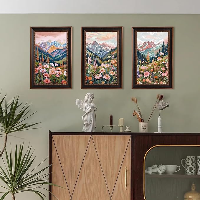 Large Colorful Floral Blossom Framed Canvas Wall Art,Natural Ridge Mountain Wall Decor, Boho Botanical Artwork, Modern Scenery Art Print for Living Room,Bedroom,Office- 16"x24"x3