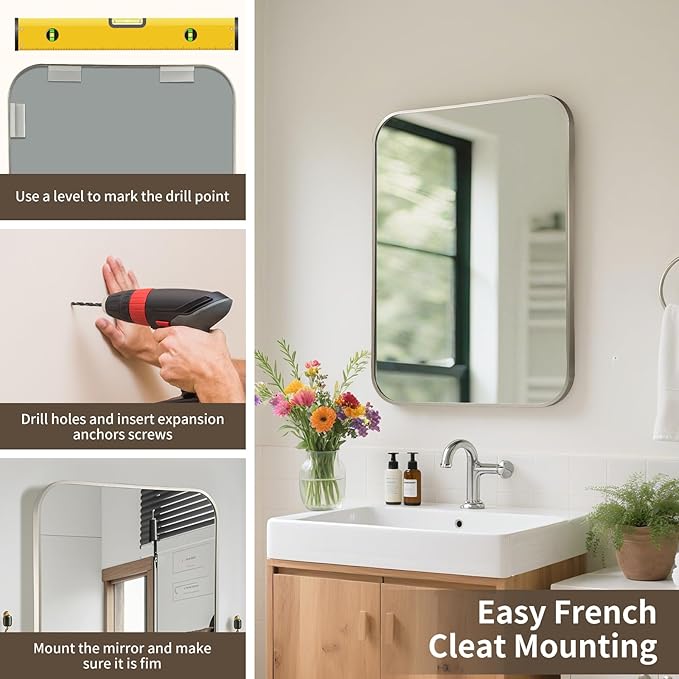 Brushed Nickel Mirror, 24x36 Inch Brushed Nickel Rectangle Mirror, Aluminum Alloy Framed Vanity Mirror, Rounded Rectangle Bathroom Mirror for Over Sink, Anti-Rust