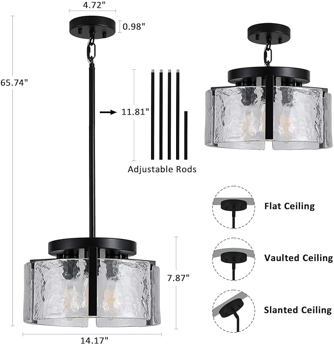Black Chandeliers for Dining Room Light Fixture, Foyer Lighting Fixtures Pendant Lights Kitchen Island, Adjustable Glass Modern Farmhouse Chandelier for Entryway, Bedroom, Bathroom, Foyer, Living Room