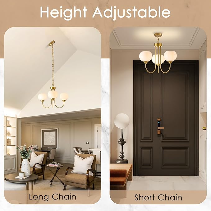 Modern Globe Chandelier 3 Light Mid Century White Milk Glass Vintage Sputnik Chandeliers Gold Pendant Light Fixtures for Dining Room Kitchen Living Room Bedroom