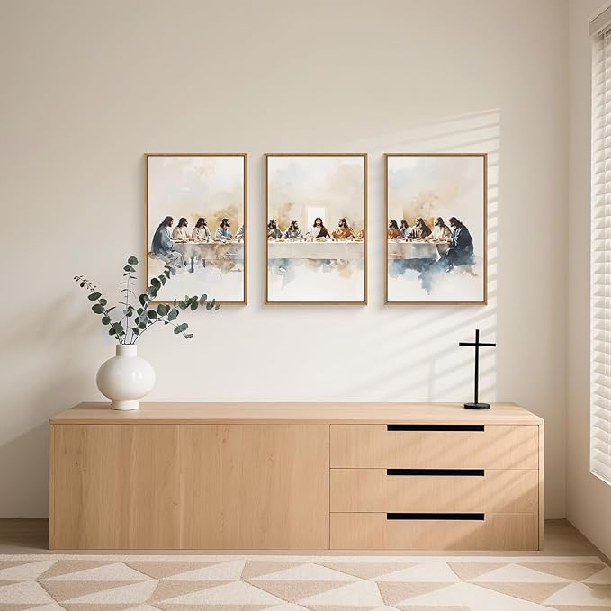 Large Watercolor Jesus Last Supper Scene Framed Canvas Wall Art Set,Jesus and Twelve Apostles Wall Decor,Christmas Religious Bible Story Artwork for Living Room,Bedroom,Church-24 x36 x3