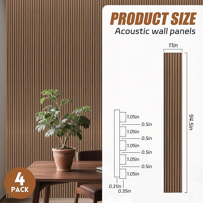 4 Pack 94.5" × 11" Wood Panels for Wall, Acoustic Soundproof Wall Slat Panels, 3D Wall Panels for Home Office Decoration, Walnut