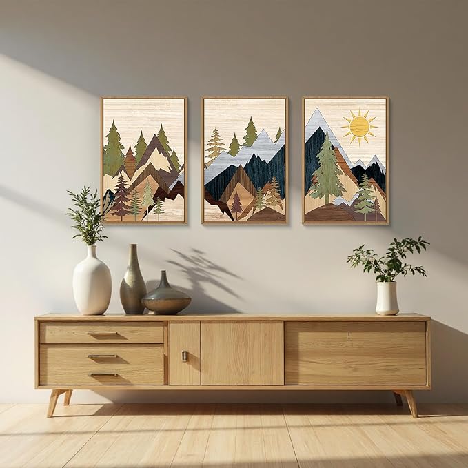 Ausril Mountain Pine Tree Framed Canvas Wall Art Set, Nature Wilderness Illustration Wall Decor, Woodcut Forest Wall Painting, Mid Century Modern Art Print for Living Room Bedroom Office 24"x36"x3