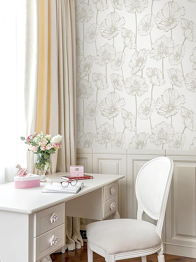 Orainege Peel and Stick Wallpaper Beige and White Floral Wallpaper 17.3inx118.1in Self Adhesive Contact Paper Removable Decorative Wall Paper for Bedroom Bathroom Cabinets Decor Vinyl