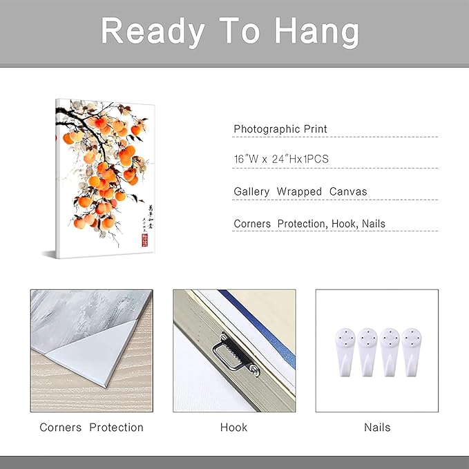 Canvbay Asian Wall Art Traditional Chinese Ink Style with 'May everything go as you wish' Quote Canvas Prints Persimmon on Branch Painting Pictures Oriental Poster for Home Decor Office 8x12inch