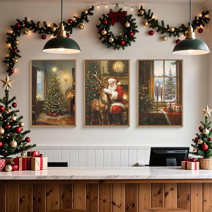 Ausril Vintage Christmas Wall Art Set of 3, Santa Reindeer Snowy Painting, Lit Tree Candle Window Artwork for Living Room, Bedroom, Fireplace, Xmas Gifts for Home Decoration 16×24 inch