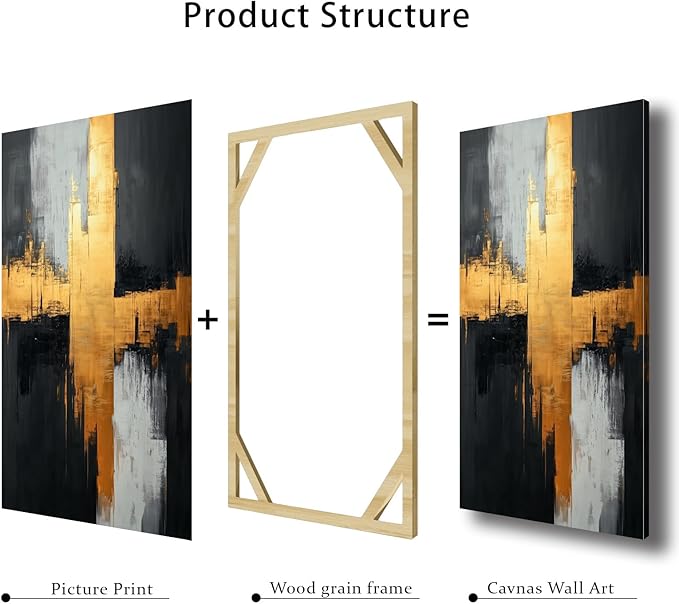 Loitspo Abstract Painting Canvas Wall Art, Black Gold Abstract Wall Art, Simple Geometric Picture Painting, Minimalist Art Pictures for Living Room Bedroom (12" x 18" x 3pc)