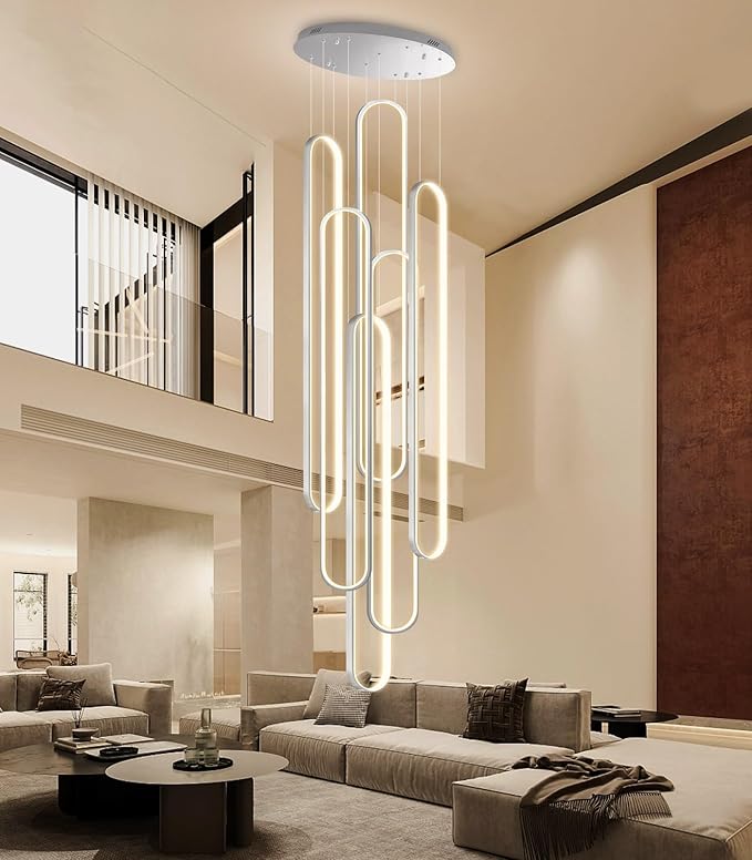 Modern Large Chandelier for Foyer 6 Rings LED Dimmable Silver Chandeliers High Ceiling Chandelier for Staircase Living Room Villa Sliver