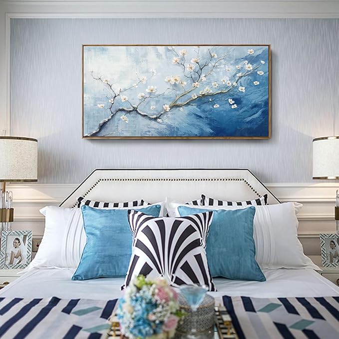 Nicetop Framed Wall Art for Living Room - Large Plum Blossom Canvas Art Prints with Wood Frame - Blue and White Artwork Abstract Ocean Wall Picture Bedroom Office Dining Room Coastal Decor 48x24 Inch