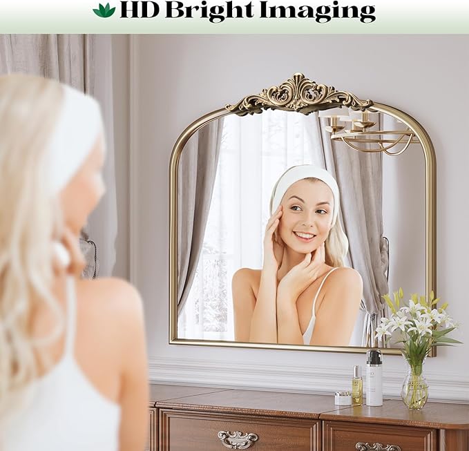 Arched Antique Gold Mirror, 36"x30" Gold Traditional Vintage Ornate Mirror, Wide Brass Vanity Mirrors for Over Sink/Bathroom/Fireplace/Entryway