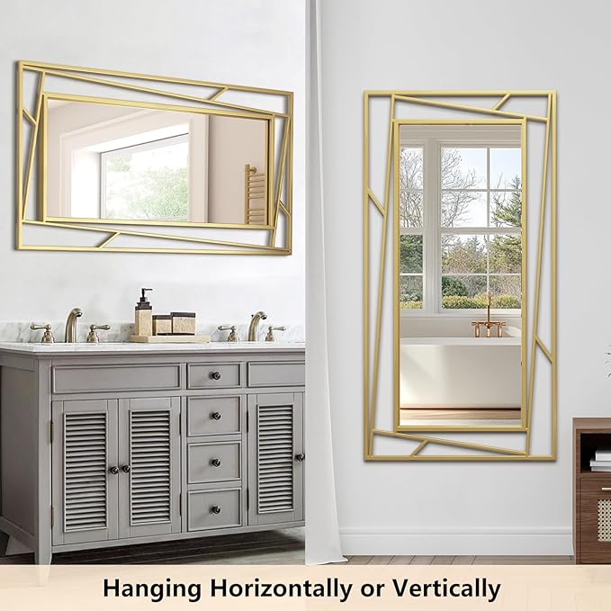 Brushed Gold Vanity Mirror for Bathroom 45" x 30" Brushed Brass Rectangle Beveled Framed Bathroom Wall Mirror for Over Sink, Tempered Glass, Modern Farmhouse Bedroom, Entryway, Living Room