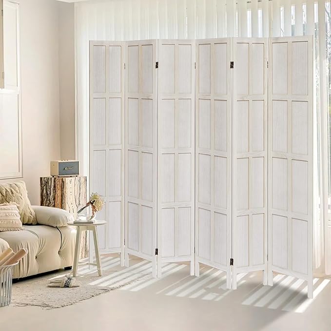 6 Panel Room Divider, 5.6Ft Wood Room Dividers and Folding Privacy Screens, Room Divider Wall Freestanding Room Partitions, Room Dividers Screen for Home Office Restaurant Bedroom, White