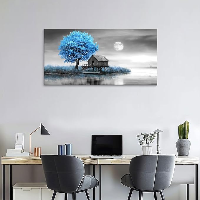 JEAWA Landscape Canvas Wall Art Decor - Blue Gray Wall Art for Bathroom Bedroom Study Dining Room, Winter Wall Art Canvas Paintings, Moon Pictures Wall Decor, Tree Art Wall Decor, 20x40 IN