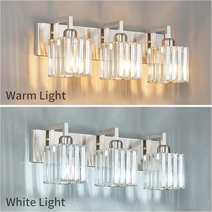 Modern Bathroom Vanity Light 3-Lights Brushed Nickel Vanity Light Crystal Wall Light Bathroom Light Fixtures