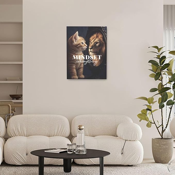 Motivational Lion And Cat Wall Art For Kids Mindset Is Everything Nursery Canvas Wall Decor Inspirational Pictures Paintings Prints Artwork Framed Decorations For Children's Room Bathroom Bedroom Living Room Office Gifts 12" x 16"