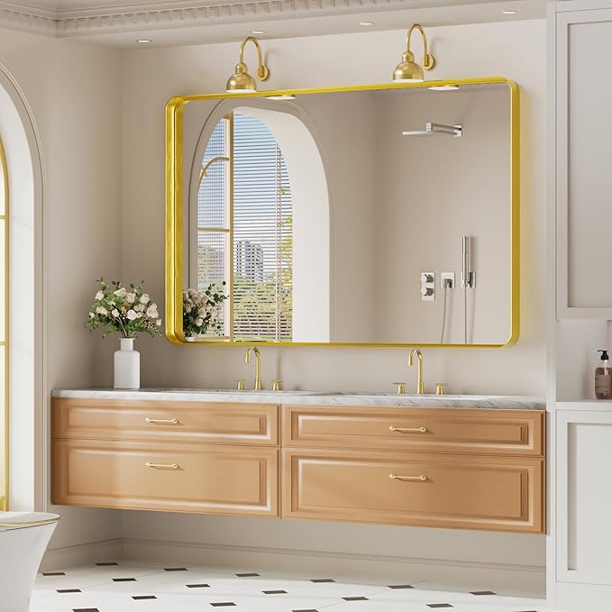 Koonmi Gold Wall Mirror for Bathroom, 36x55 Inch Matte Deep Framed Rounded Rectangle Vanity Mirror for Farmhouse Living Room, Tempered Glass, Anti-Rust, Vertically or Horizontally