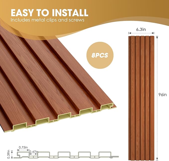 OUZUGIE WPC Acoustic Slat Wall Paneling, 8-Pack 96 x 6 Inches 3D Wall Panels for Interior Wall Decor,Living Room,TV Background,Study Room,Office Spaces,Bedroom,Low Grille (Teak)