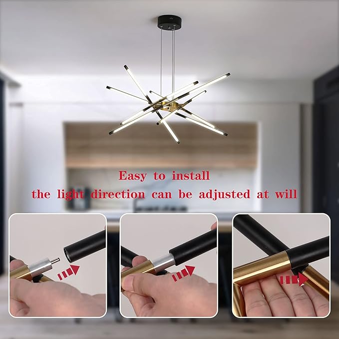 Modern Chandelier,Black and Gold Chandelier 12 Light LED Dimmable Pendant Lights,Easy to Install Ceiling Light 54W Linear Hanging for Dining Room, Kitchen,Bedroom 3000k-6000k with Remote Control