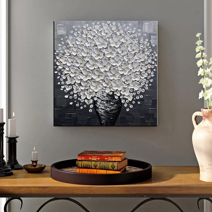 Modern White Floral Wall Art Canvas, 3D Textured Flowers in Black Vase, Hand-Painted Bouquet Painting for Living Room
