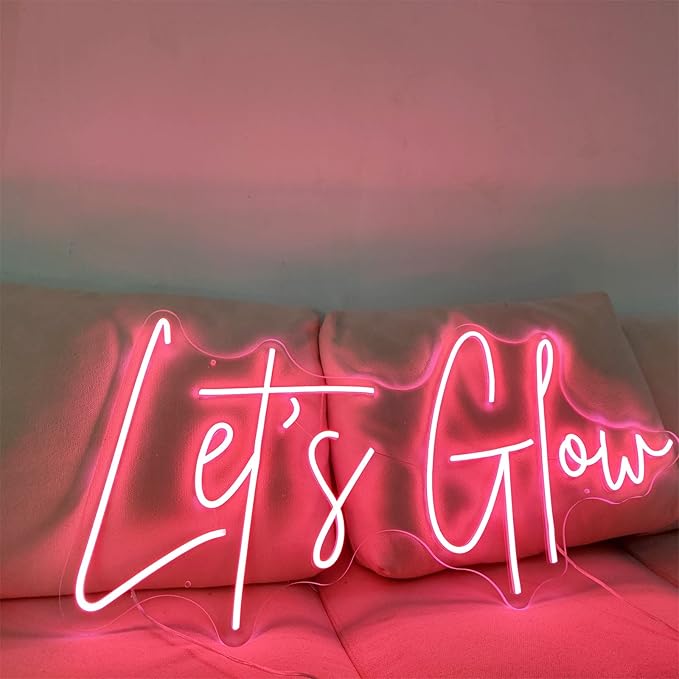 Let's Glow Neon Sign Pink Led Neon Light Glow Neon Word Sign USB Powered Acrylic Letters Led Wall Decorative Lights for Bedroom Party Wedding Birthday Bar Hotel Anniversary Dorm, 24*11.7 inches
