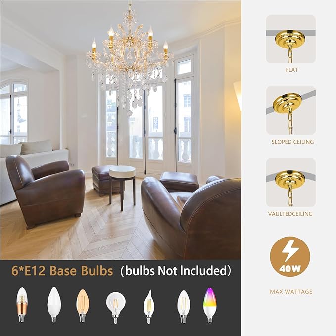 6 Light Maria Theresa Crystal Chandelier for Bedroom Luxury K9 Crystal Gold Chandelier Pendant Lighting Fixture for Dining Room,Living Room, W23.6*H22 with Adjustable Chain