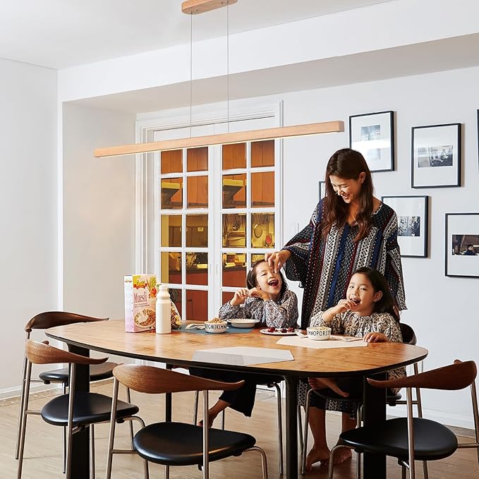 59" Wood Linear Pendant Light Fixtures Led Dining Room Chandelier Linear Kitchen Island Hanging Lights Dimmable Modern Pendant Light for Dining Room Kitchen Island Pool Table Lights Natural