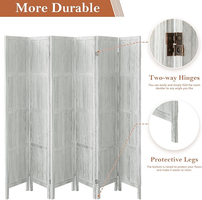 Classic 6 Panel Room Divider and Folding Privacy Screen, 5.6Ft Wood Room Divider Wall, Partition Screen Divider for Room Separation for Bedroom, Home Office, Dressing Room, White
