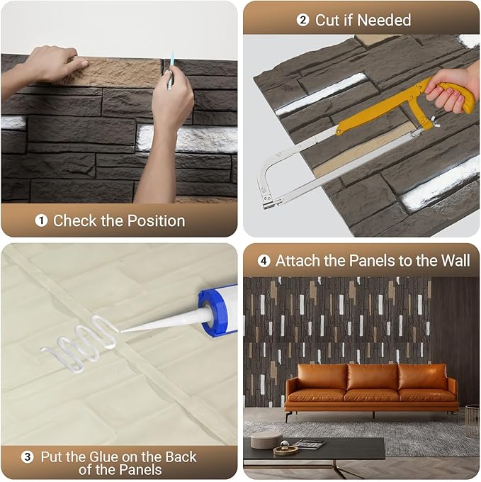 OUZUGIE 4 PCS Faux Stone Wall Panel 47.2’’ x 23.6’’ Interior Exterior Wall Decor 3D PU Panel with Brick Stone Design Iron Gray