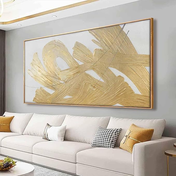 Large Gold Wall Art Abstract Canvas Wall Decor Framed Arts Pictures Modern Artwork Hand Drawn Paintings 36"x70"