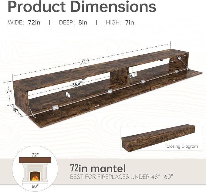 72inch Fireplace Mantel Shelf Rustic Fireplace Shelves,Wall-Mounted Floating Mantle for Fireplace or Living Room Decor,with Hidden Storage,MDF Wood,DIY Assembly Required,Brown (72Lx8Dx7H)