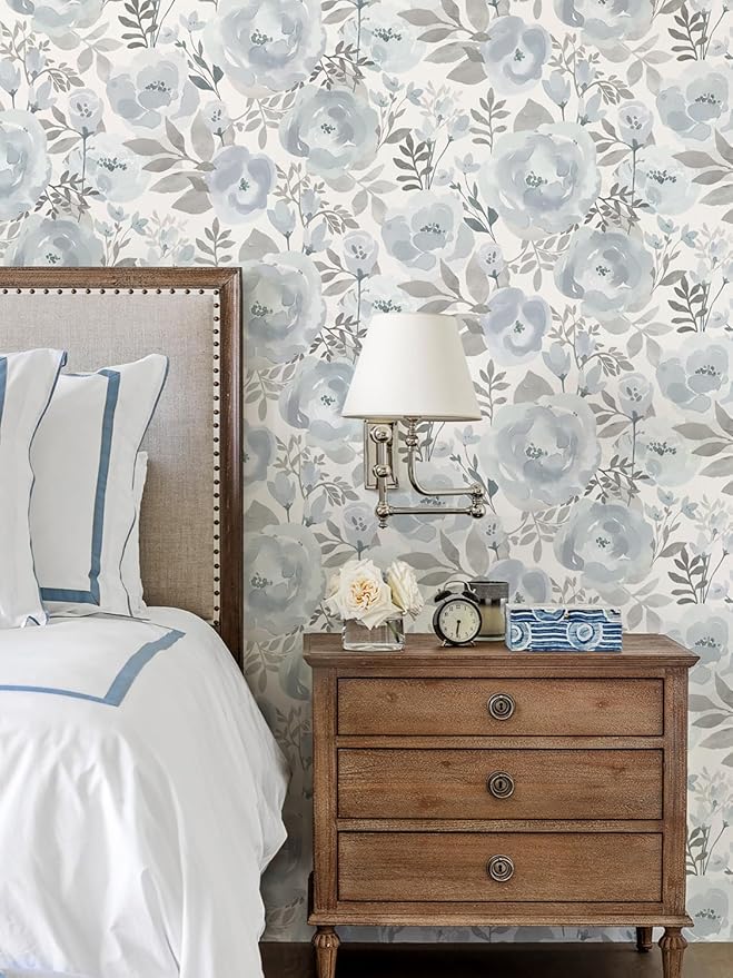 Orainege Floral Wallpaper Peel and Stick Wallpaper 17.3inx196.8in Self Adhesive Wall Paper Boho Contact Paper Removable Decorative Wallpaper for Bedroom Bathroom Shelf Liner Decor Vinyl,Blue