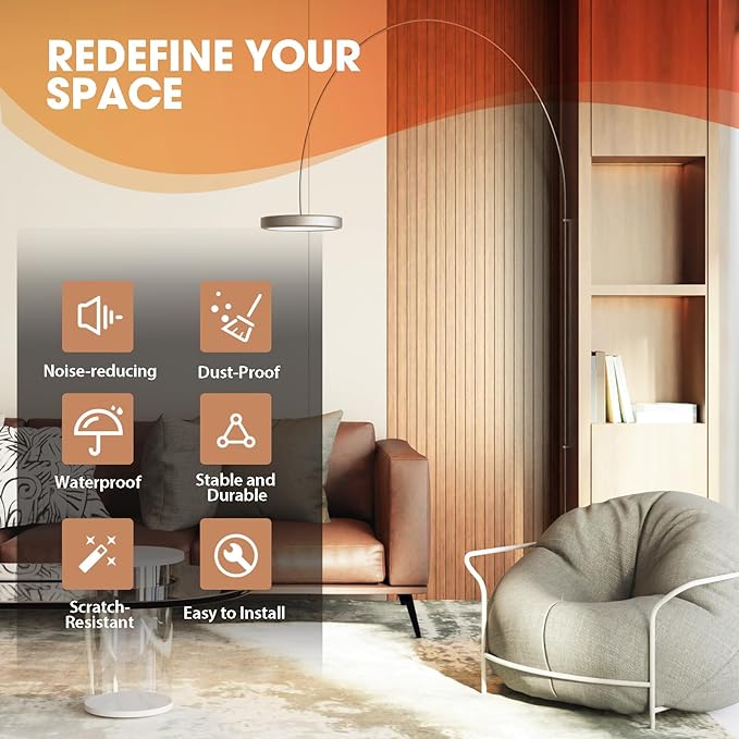 OUZUGIE WPC Acoustic Slat Wall Paneling, 8-Pack 96 x 6 Inches 3D Wall Panels for Interior Wall Decor,Living Room,TV Background,Study Room,Office Spaces,Bedroom,Low Grille (Oak)