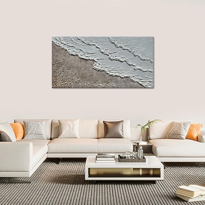 Large Oil Painting Hand-Painted Thick Texture Wave Beach Minimalist Modern Abstract Canvas Art Warm Acrylic Painting 24x48 Inches Home Office Wall Decoration