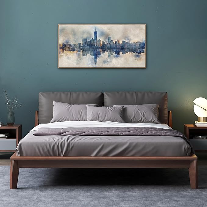 arteWOODS Framed Canvas Wall Art - Abstract New York City Painting Wall Decor Indigo Blue Gray Panoramic Art Print Skyline Reflection Pictures Artwork City Landscape Living Room Bedroom 29" x 58"
