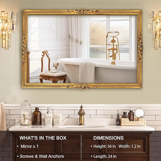 Antiqued Gold Wall Mirror with Beaded Frame – 24 * 36in Traditional & Flourish Baroque Ornate Rectangle Mirror for Over Fireplace/Entryway Vanity, Living Room or Event – Home Décor