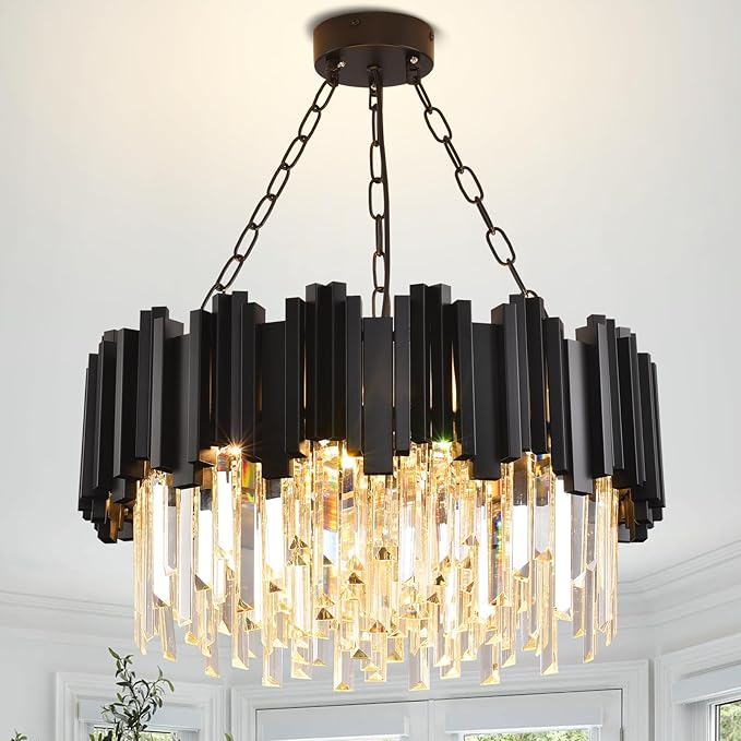 Black Crystal Chandelier Modern Crystal Chandelier for Dining Room Living Room 9-Light Round Contemporary Chandeliers Ceiling Hanging Pendant Light Fixture for Entryway Foyer Bedroom Staircase W22"